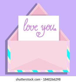 Valentines day envelope, open with a piece of paper and stripes. Declaration of love handwriting. Vector illustration in flat cartoon style.