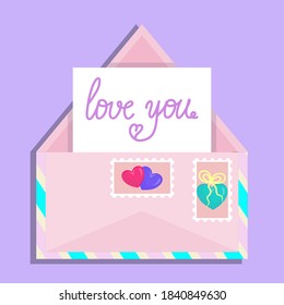 Sobre del día de San Valentín, abierto con un trozo de papel y rayas. Declaración de amor en escritura a mano y estampillas con corazones. Ilustración vectorial al estilo de las caricaturas planas.