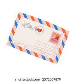 Valentine's day envelope with postage stamp in retro style. Romantic love letter envelope. Flat cartoon vector illustration on white background for cards, web, social media, and banners.