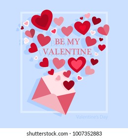 Valentines day envelope with red hearts on blue.