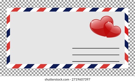 Valentines day envelope with red hearts on a checkered background