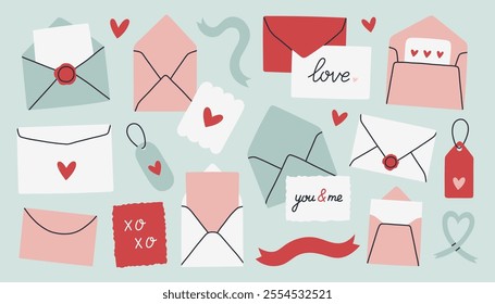 Valentines day envelope set. Romantic open and close envelopes with postcards, letters, hearts and text. Vector flat illustration