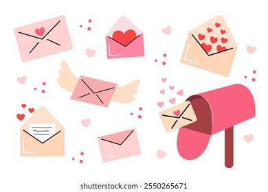 Sobres de San Valentín con corazones e ilustración de buzón.  Ilustración vectorial Clipart