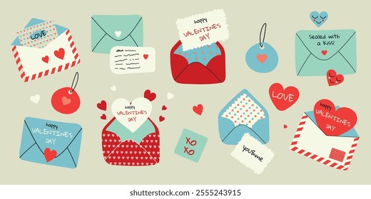 Valentine's day envelopes with hearts and with a text .Cute set. Romantic open and close envelopes with postcards, letters. Vector flat illustration.