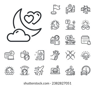 Valentines day evening sign. Plane jet, travel map and baggage claim outline icons. Love night line icon. Couple relationships symbol. Love night line sign. Car rental, taxi transport icon. Vector