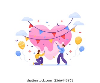 valentine's day event concept. preparing for a party or festival. illustration of a couple decorating and painting a heart to celebrate valentine's day. girlfriend and boyfriend. flat style design