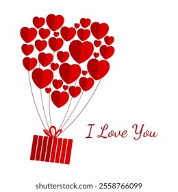 Valentine's Day, everyone in love Red balloons with many hearts flying upwards with a gift Text with declaration of love Vector illustration for greeting card, banner, poster on isolated backgrounds