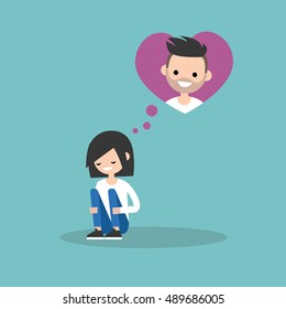 Valentines day. Falling in Love scene. Cute cartoon girl dreaming about bearded boy / Editable flat vector illustration