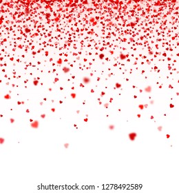 Valentines Day Falling Red Blurred Hearts On White Background. Heart Shaped Paper Confetti. February 14 Greeting Card.
