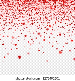 Valentines Day Falling Red Blurred Hearts On White Background. Heart Shaped Paper Confetti. February 14 Greeting Card.