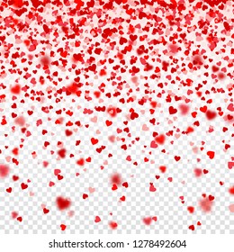 Valentines Day Falling Red Blurred Hearts On White Background. Heart Shaped Paper Confetti. February 14 Greeting Card.