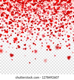 Valentines Day Falling Red Blurred Hearts On White Background. Heart Shaped Paper Confetti. February 14 Greeting Card.