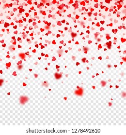 Valentines Day Falling Red Blurred Hearts On White Background. Heart Shaped Paper Confetti. February 14 Greeting Card.