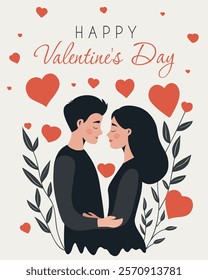 Valentine's Day, Family Day. Couple in love, guy and girl, on the background of hearts and nature. Vector illustration. For love sites, invitations, dating apps, posters, banners