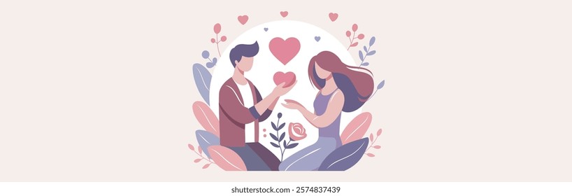 Valentine's Day, Family Day. Couple in love, man gives heart to woman, nature background. Vector flat illustration with space for text. For love sites, invitations, dating apps, posters, banners