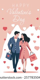 Valentine's Day, Family Day. Couple in love, man and woman walking together with gifts. Vector illustration with space for text. For love sites, invitations, dating apps, posters, banners