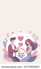 Valentine's Day, Family Day. Couple in love, man gives heart to woman, nature background. Vector vertical flat illustration with space for text. For love sites, invitations, dating apps, posters, bann