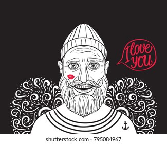 Valentine's Day. Fashion guy bearded with glasses and hat, wings. Romantic hipster. Hand drawing line. Vector illustration isolated on black background.