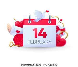 Valentines Day Feb 14th symbols set. 14 February day red calendar and romantic love objects. Happy holiday, wedding, engagement celebration realistic vector illustration on white background