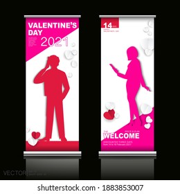 Valentine's Day February 14, 2021. Vertical banner. Flat silhouette of paper cut, boy girl writes phone SMS love. Pink and white hearts, signboard advertising. X-banner and street business, background