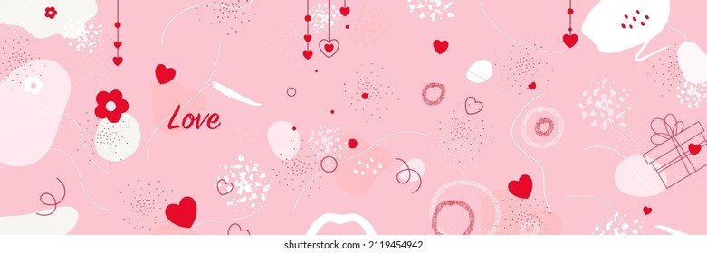 Valentine's day February 14 background design. Backdrop pattern layout for promo card, banner design for lovers holidays. Beige, red, pink elegant love cute background with hearts and abstract dots.
