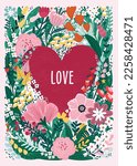 Valentine's Day February 14. Big red heart in floral frame. Symbol of love against a background of different flowers. Hand drawn vector illustration for postcard, card, congratulations and poster
