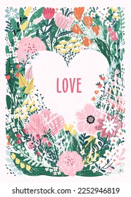 Valentine's Day February 14. Big pink heart in floral frame. Symbol of love against a background of different flowers. Hand drawn vector illustration for postcard, card, congratulations and poster