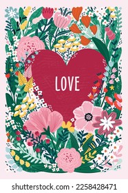 Día de San Valentín 14 de febrero. Gran corazón rojo en marco floral. Símbolo de amor contra un fondo de flores diferentes. Ilustración vectorial dibujada a mano para postales, tarjetas, felicitaciones y afiches