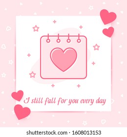 Valentines day, february 14 calendar with heart, valentine card with love text, pink color line icon with decor, social networks post template. Love, wedding, romantic symbol. Vector illustration