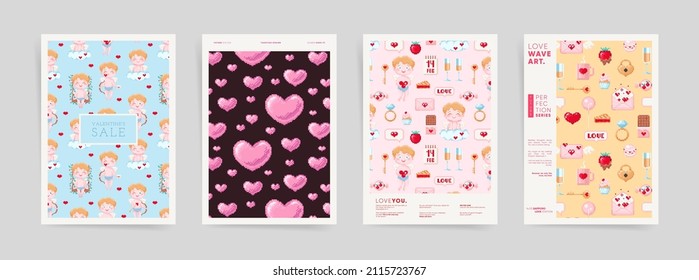 Valentine's day February 14 design template set. Modern pixel art layouts for poster, brochure, card, leaflet, banner. Retro 8 bit game style hearts, cupid, messages, gifts in A4 vertical frames.