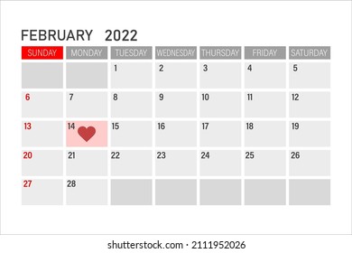 Día de San Valentín. 14 de febrero en el calendario. Icono de calendario diario. Fecha y hora, día, mes feriado 2022. Temporada.