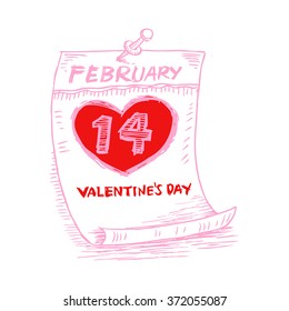 Valentines Day, February 14 on calendar. Sketchy style.
