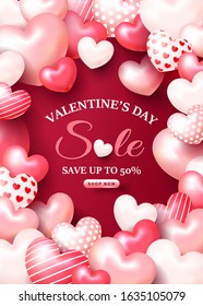 Valentine's Day February 14 sale background.Romantic composition with cute hearts. Vector illustration for website , posters, coupons.