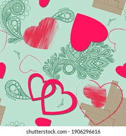 Valentine's Day, February 14. Seamless background with hearts and lace matte. For wrapping paper and gift bags.