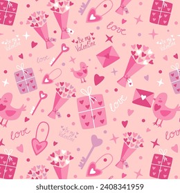 Valentine's day, February 14 seamless pattern with hearts, lock, bird, love letter, love key, love lock. Vector illustration for prints, paper, wallpaper, fabrik.