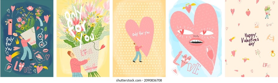 Valentine's Day! February 14. Set of vector illustrations. Simple, minimalistic, holiday cards.