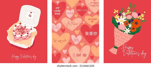 Valentine's Day! February 14. Set of vector cute illustrations of a cake, a bouquet of flowers,  a background with hearts  