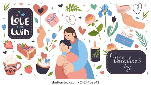 Valentines day, February 14 set elements Vector flat illustration for stickers, postcards. Couple hugs love, heart, Cute objects phrases. Horizontal Background for web, Greeting Card, congratulations
