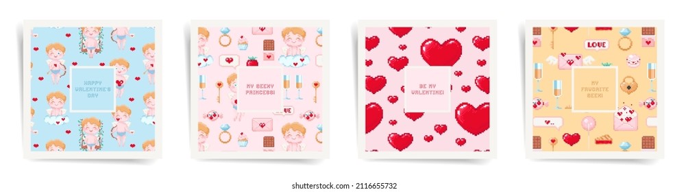Valentine's day February 14 square post design template set. Pixel art mosaic layouts for poster, brochure, card, cover, banner. Retro 8 bit game style hearts, cupid, gifts, ring in frame backgrounds.