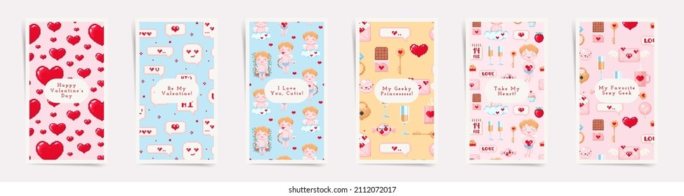 Valentine's day February 14 stories design template set. Story pixel art layouts promo greeting card design for lovers holidays. Vintage Game 8 bit style hearts, cupid, sweets and berries backgrounds 