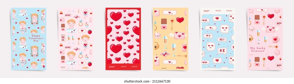 Valentine's day February 14 stories design template set. Story pixel art layouts promo greeting card design for lovers holidays. Gamer geek retro 8 bit style hearts, cupid, messages, gifts in frames.