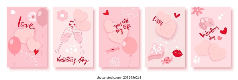 Valentine's day February 14 stories design template set. Story geometric layout for promo greeting card design for lovers holidays. Beige and pink elegant cute social post posters set