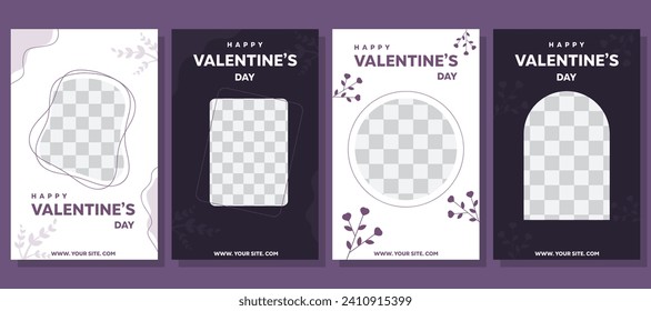 Conjunto de plantillas de diseño para el 14 de febrero, día de San Valentín.  Elegante juego de afiches en los medios sociales en blanco y violeta. Color negro y morado fácil