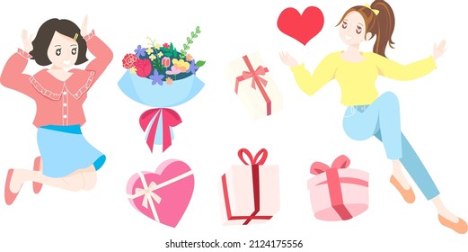 Valentine's day, February 14. Two cute characters with sweet pink gift boxes, a beautiful mixed flower bouquet and a heart vector.