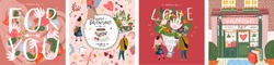 Valentine's Day! February 14. Vector Cute Illustrations Of A Man And A Woman In Love, A Bouquet Of Flowers, A Shop, A Background With Objects And "for You". Drawings For Postcard And Poster 