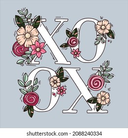 Valentine's Day! February 14. Vector cute illustrations of flowers and "xoxo". Drawings for postcard and poster