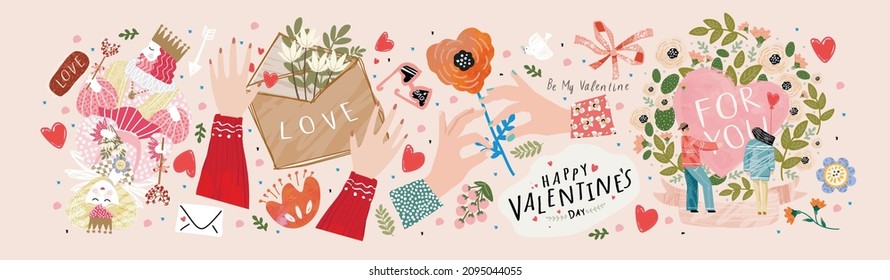 Valentine's day  February 14  Vector illustrations love  couple  heart  valentine  king  queen  hands  flowers  Drawings for postcard  card  congratulations   poster 