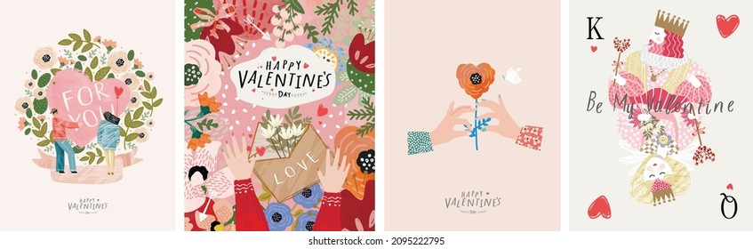 Valentine's day, February 14. Vector illustrations of love, couple, heart, valentine, king, queen, hands, flowers. Drawings for postcard, card, congratulations and poster.