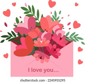 Valentine's day, February 14. Vector illustrations an envelope with flowers.  Drawings for postcard, card, congratulations and poster.