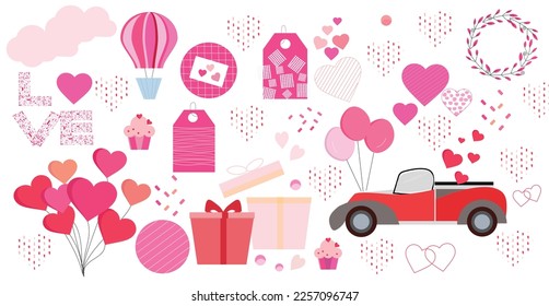 Valentine's day, February 14. Vector illustrations of love, heart, , car, balloons in pink. Valentine's day set. great set on the theme of valentine's day love isolated objects in cartoon style .